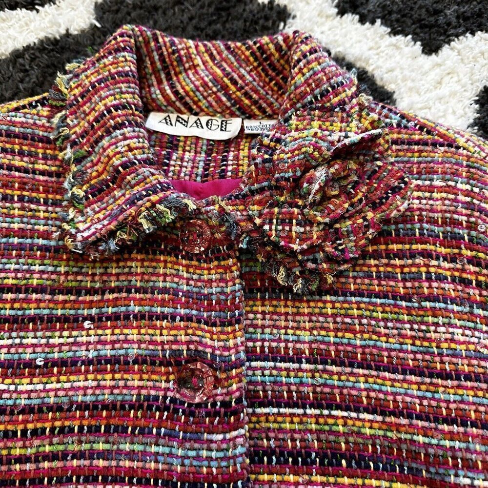 Vintage Anage Pink Colorful Tweed Blazer Jacket Size Large Rainbow Flower Fringe - Picture 13 of 15